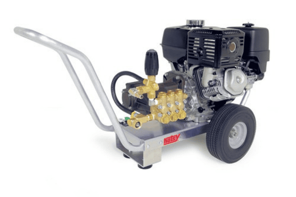 3,000 PSI cold water pressure washer with gas engine on a wheeled cart