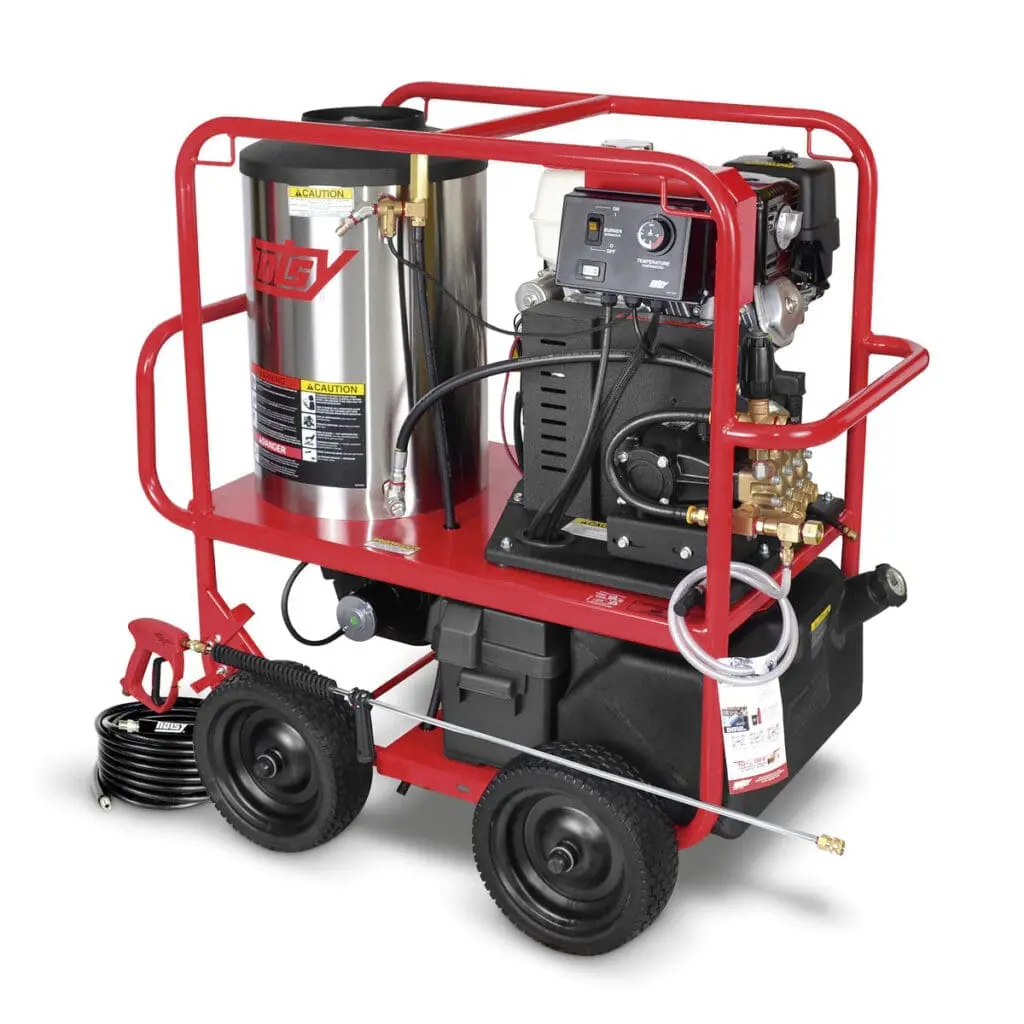 5,000 PSI hot water pressure washer with red steel frame, burner tank, and hose reel