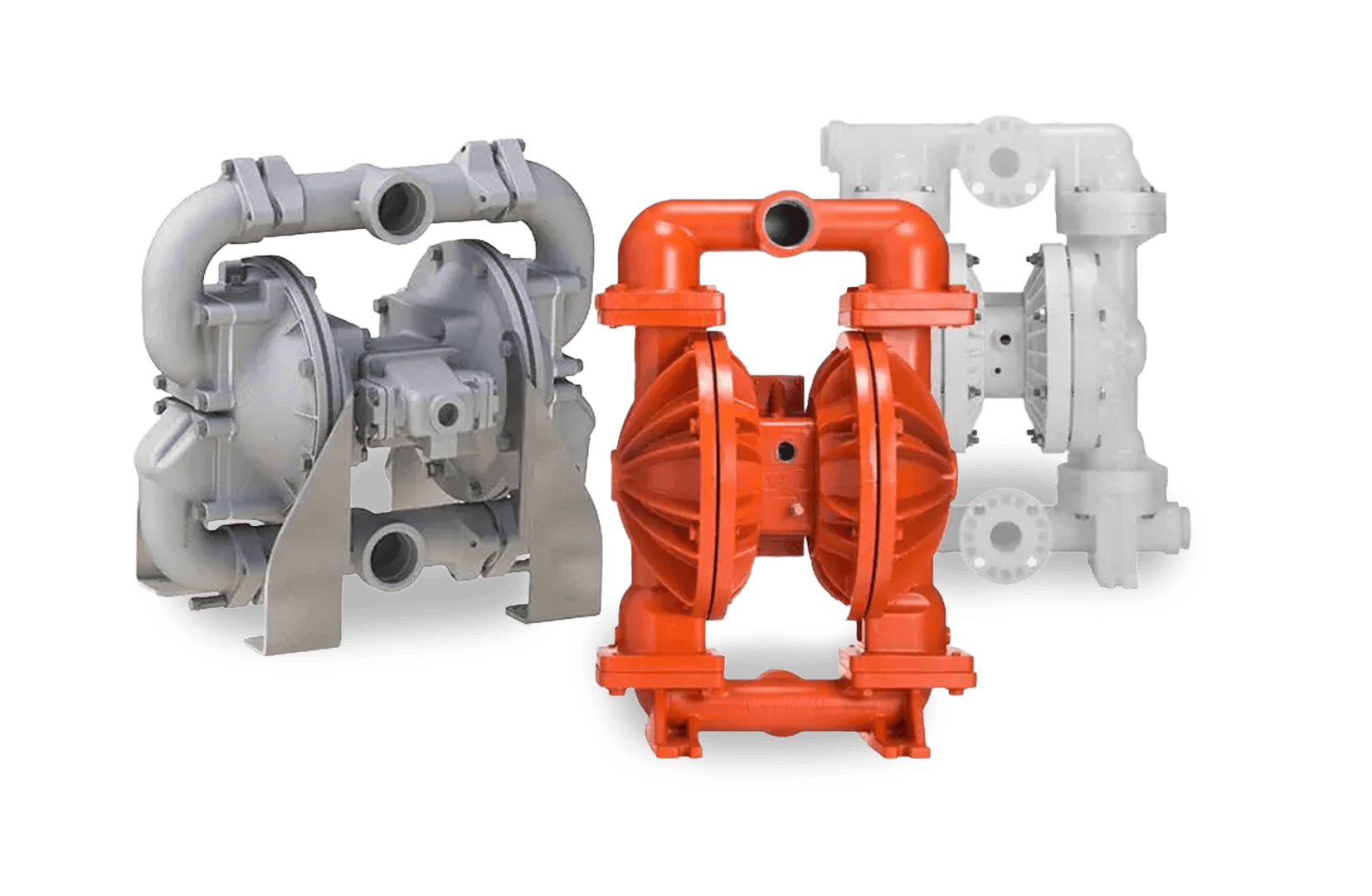 Three air operated double diaphragm pumps in metal, orange, and white housings
