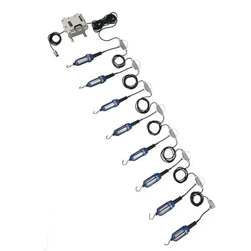 Explosion proof LED string lights with hanging hooks and a power transformer