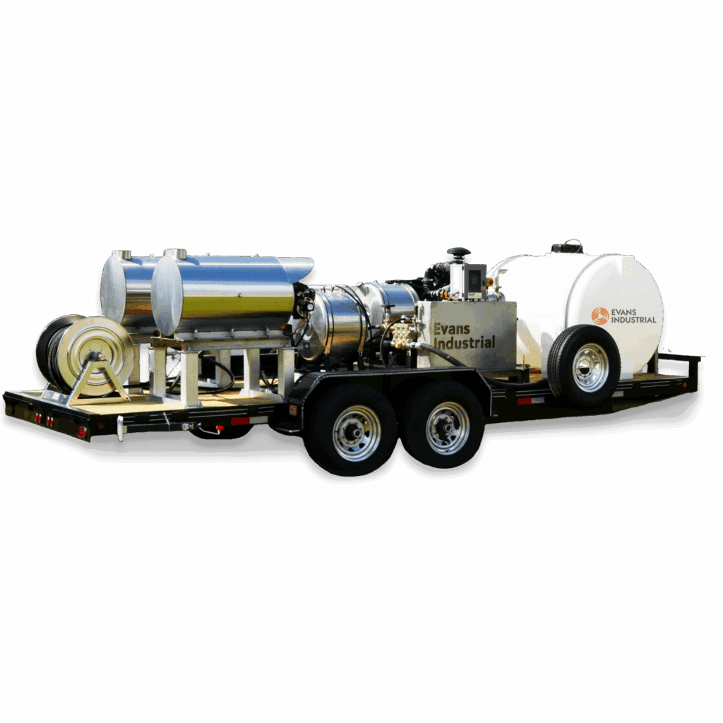 Evans Industrial heated bean pump on a tandem axle trailer with water tank and hose reel