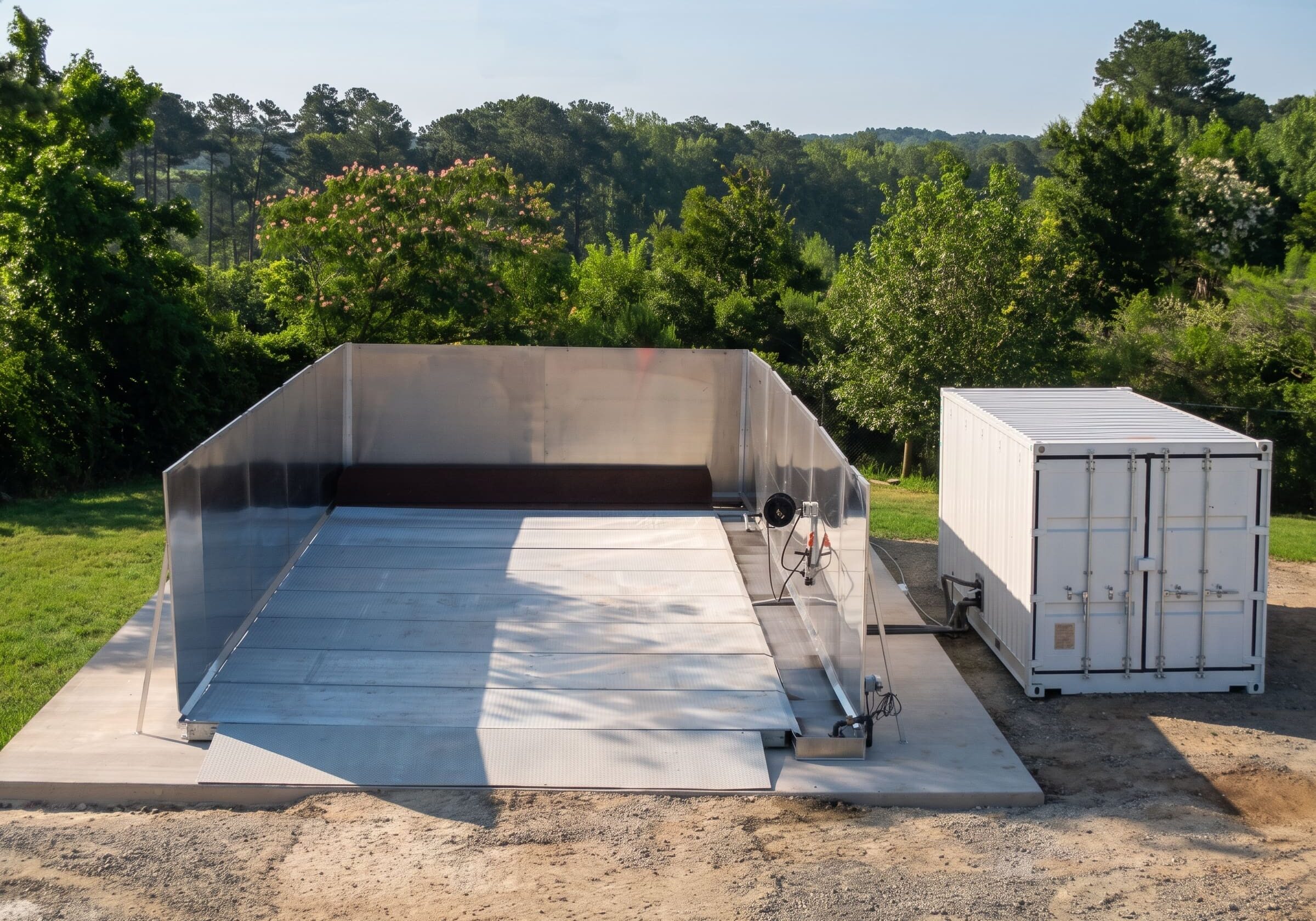 Evans Industrial portable wash pad with aluminum sidewalls, diamond-plate floor, and containment trough set on a concrete slab next to a white water recovery container